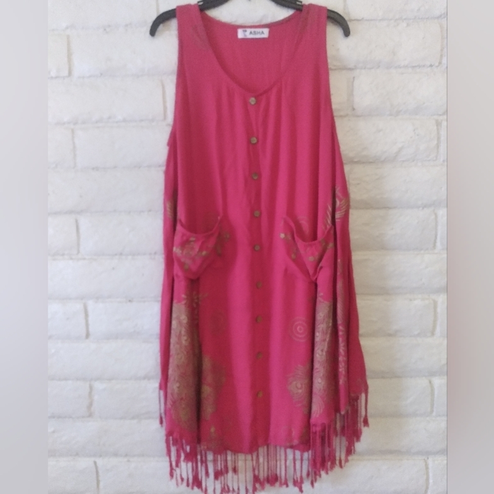 NWOT Asha Fuchsia Sleeveless Fringe Trapeze Dress With Pockets - Picture 4 of 12